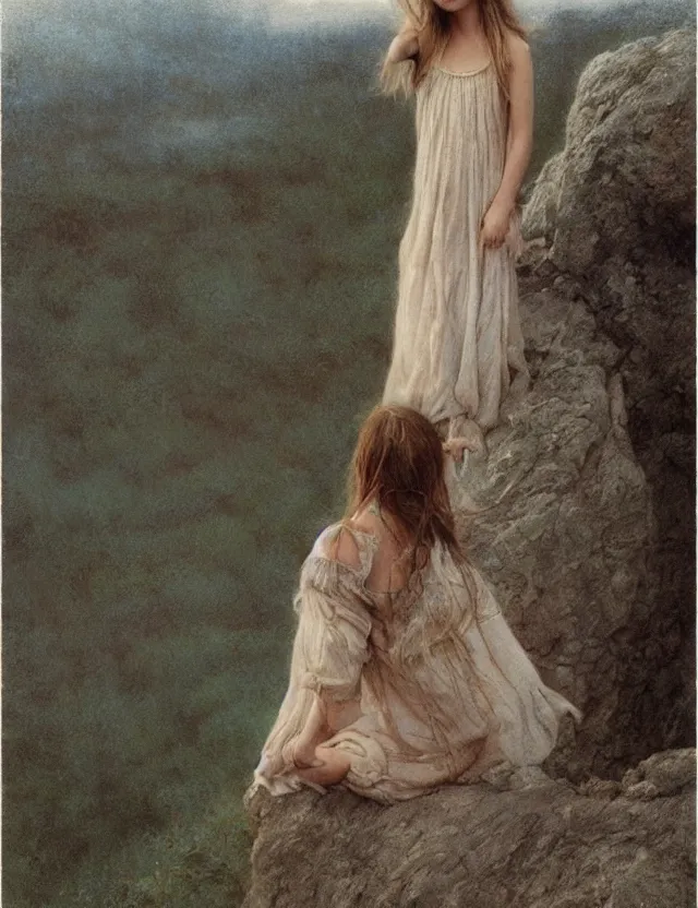 Image similar to peasant barefoot girl with long blowing hair standing on the edge of rock, cottage core, cinematic focus, polaroid photo bleached vintage pastel colors high - key lighting, soft lights, foggy, by steve hanks, by lisa yuskavage, by serov valentin, by tarkovsky, 8 k render, detailed, oil on canvas