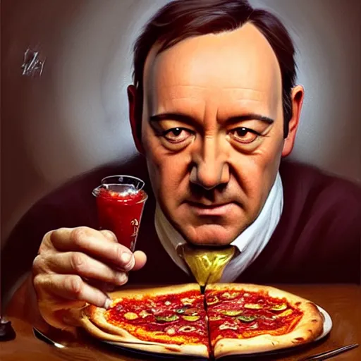 Image similar to Kevin Spacey eating pizza, dripping tomato Sauce, serving happy meals, D&D, spilling ketchup, fantasy, intricate, elegant, highly detailed, digital painting, artstation, concept art, matte, sharp focus, illustration, hearthstone, art by Artgerm and Greg Rutkowski and Alphonse Mucha