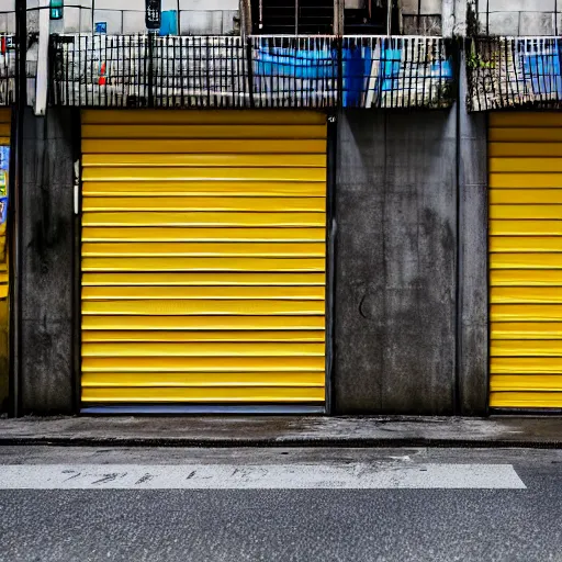 Image similar to Taiwan small alleyway corrugated aluminium roller shutter doors, concrete rendering, concrete poles with yellow and black diagonal thick warning lines for the scooters