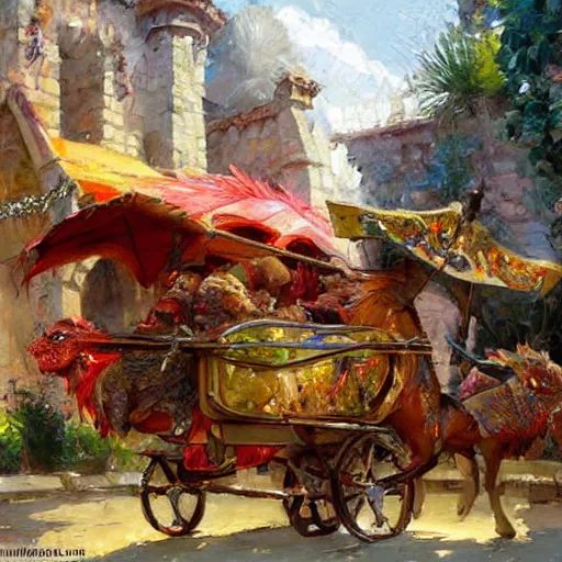 Image similar to a medieval cart bringing with gifts from the cloud tribe, dragon scales and crates of food, fantasy splash art by Michael Garmash, Donato Giancola