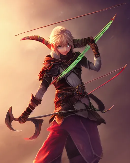 Image similar to female elf archer in a hoodie wielding a magical bow surrounded by wind particles, WLOP style, character art, fighting pose, mixed media, digital art, trending on artstation, 8k, epic composition, highly detailed, sharp focus