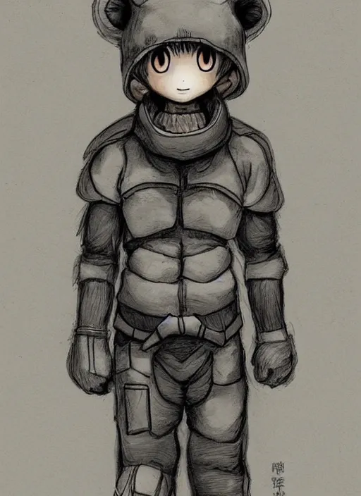 Image similar to beautiful little boy wearing an cyborg bear suit, artwork in kentaro miura and made in abyss and rosdraws, smooth, beautiful lightness, anatomically correct, trending on pixiv, forest