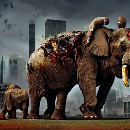 Prompt: giant zombie elephants destroying a city