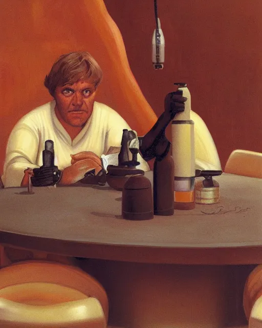 Prompt: rhett sarlin sitting at a table in a cantina on tatooine, portrait by ralph mcquarrie