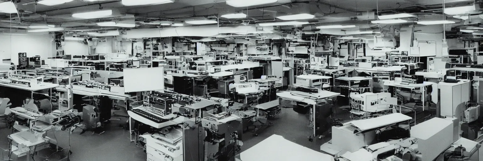 Prompt: analog data processing plant, with retro matrix printers printing lots of sheets of paper, old bakelite téléphones connected to a switch panel and a reel to reel tape machine recording sounds. 1980s computer ad style color picture