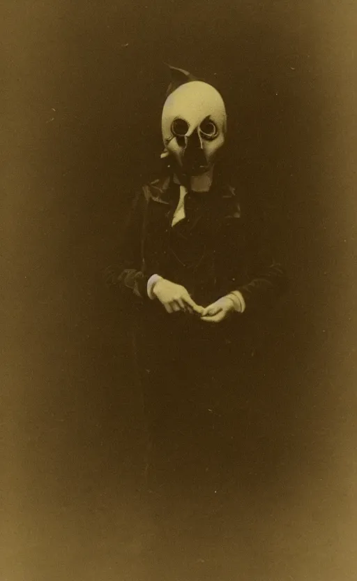 Image similar to a portrait photograph of a victorian wearing a scary vintage halloween mask, creepy, atmospheric, 1 9 0 0 s picture