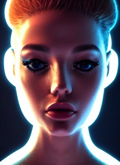 Image similar to photorealistic portrait of female humanoid, cyber neon lights, highly detailed, retro 6 0 s haute couture fashion, elegant, crispy quality, trending in artstation, trending in pinterest, glamor pose, no signature, no watermark, cinematic, art by pascal blanche