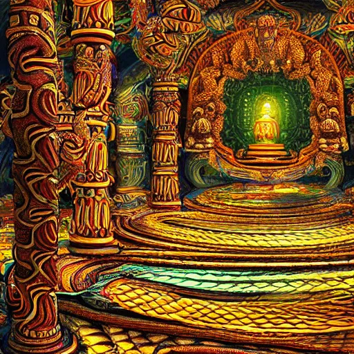 Prompt: Photorealistic inside a temple made of snakes. Hyperdetailed photorealism, 108 megapixels, amazing depth, glowing rich colors, powerful imagery, psychedelic Overtones