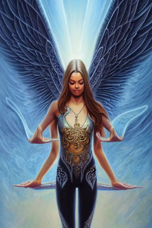 Image similar to angel doing yoga in temple, angel is wearing a t - shirt with metal band logo, fantasy, intricate, elegant, highly detailed, digital painting, artstation, concept art, matte, sharp focus art by boris vallejo, smooth, sharp focus, illustration