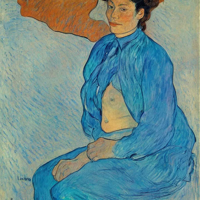 Image similar to portrait of a island woman. indigo blue, turquoise. henri de toulouse - lautrec, ferdand hodler, egon schiele, gauguin, kathe kollwitz