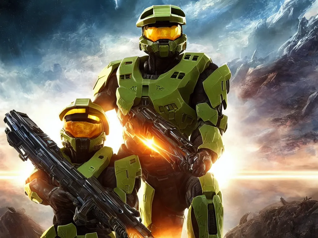 Prompt: box art for the game halo, masterchief is holding a pistol, photorealistic, highly detailed, super nintendo boxart