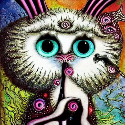 Prompt: The deranged lovechild of Tim Burton and Louis Wain