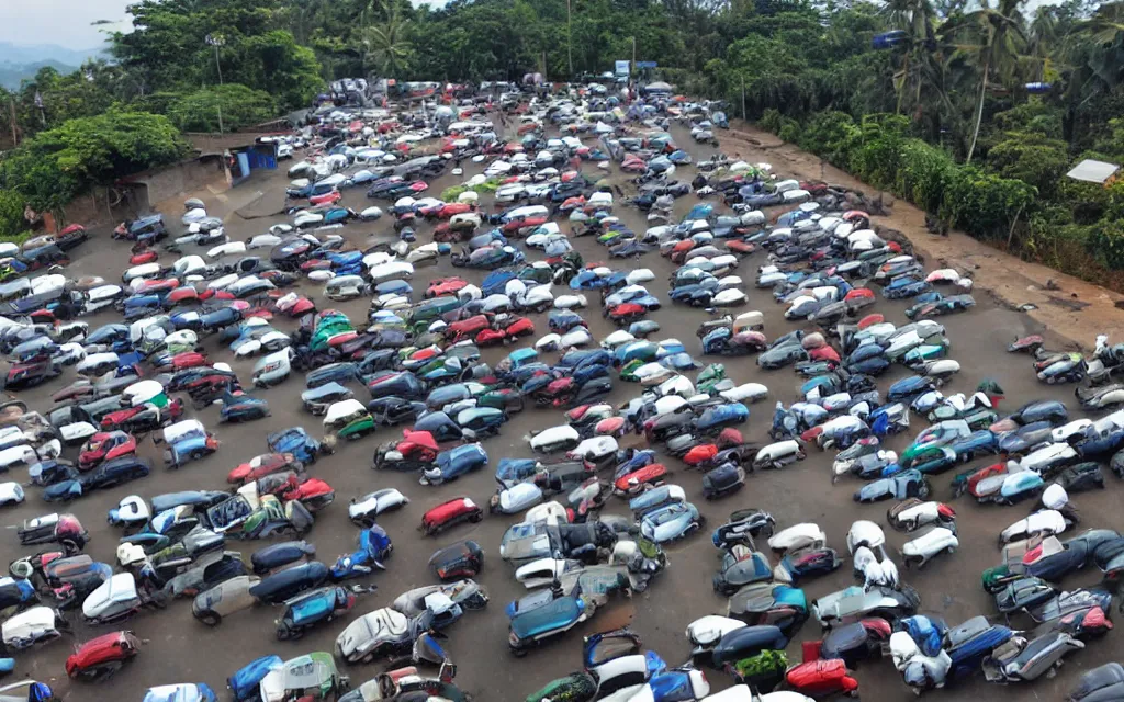 Image similar to An extremely long queue of cars and mopeds waiting for gas at a gas station in sri lanka in the style of edeard hopper