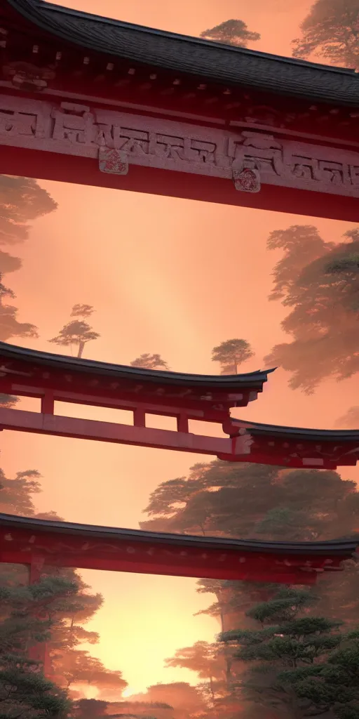 Image similar to Armed samurai standing under an enormous torii gate with the very very red rising sunrise ,hyper-realistic, your name sky, evening, octane rendering , inspired by Katsuhiro Otomo, pixelactivist