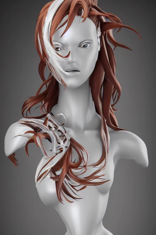 Prompt: white cyborg fashion shot, copper spiral hair decorations, white elegant baroque design, smooth heads, headshot half figure, photorealistic, 8k, hyper detailed, unreal engine, trending on artstation,