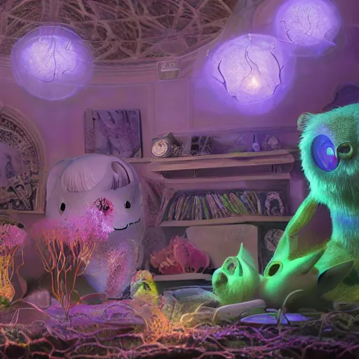 Prompt: ghost mansion, expressive eyes, floating, rbc, bunny, radiolaria, protophyta, micro - organisms, center frame, symmetric, rim light, marine microbiology, bioluminescence, electric, fur, soft, concept art, intricate details, highly detailed, colorful, photorealistic, disney pixar, octane render, iridescent, anime, 8 k