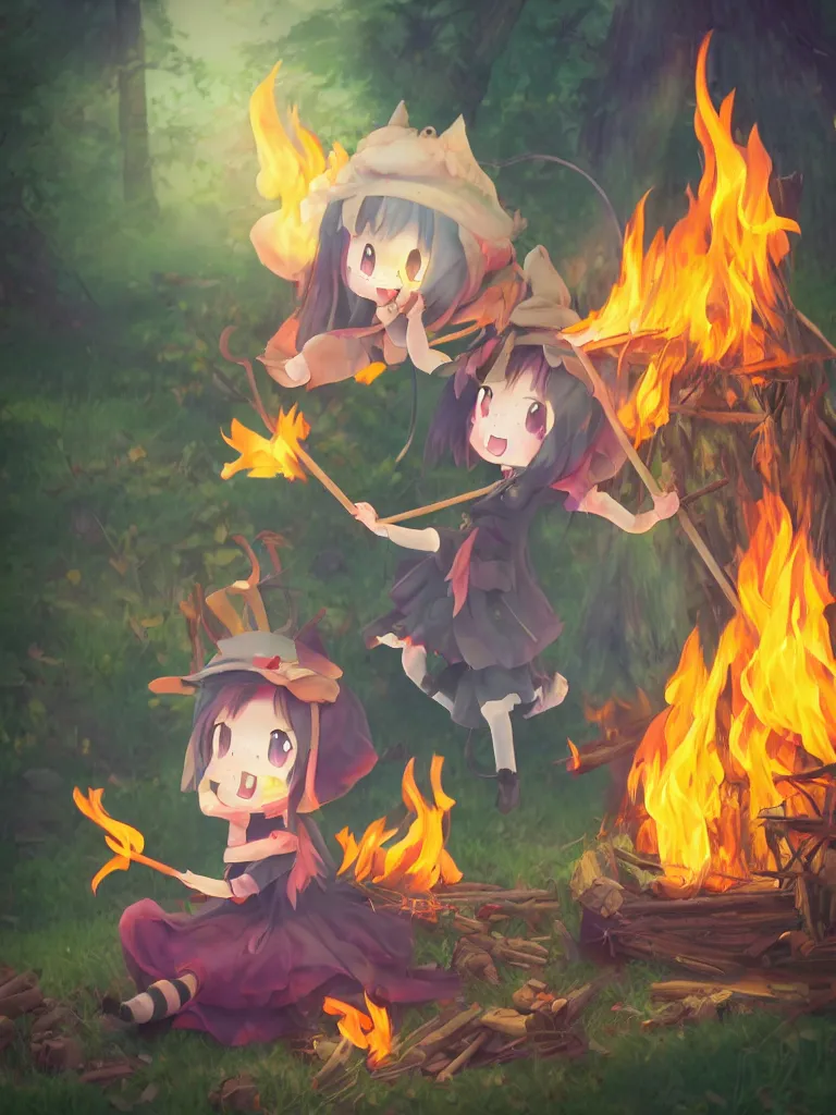 Image similar to cute fumo plush manic happy witch pyromaniac girl giddily starting a huge bonfire in the forest, anime, burning flames, warm glow and volumetric smoke vortices, rule of thirds composition, vignette, vray