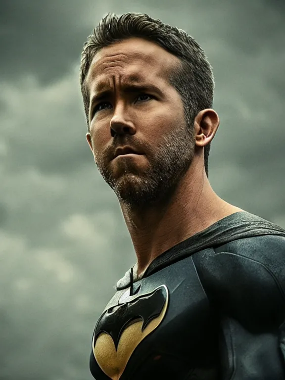 Prompt: film still, ryan reynolds as batman, no mask, hyperrealism, moody lighting, rain, intricate, 8 k