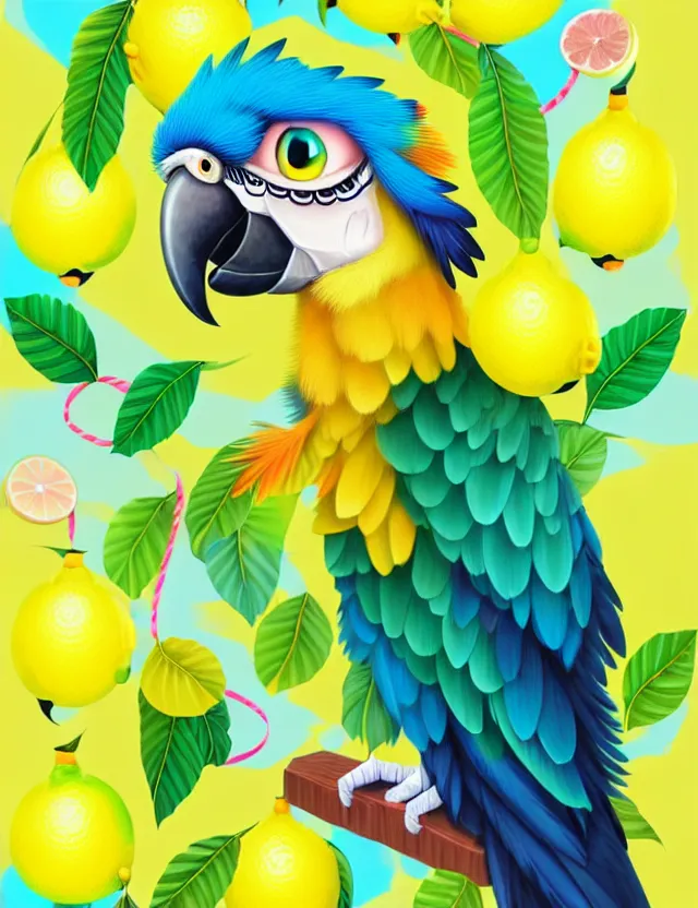 Prompt: a cute anthropomorphic macaw parrot girl anthro wearing a lemon lime ribbon, park background, very anime!!! kawaii!! furry!! intricate details, aesthetically complementary colors, scenic background, art by rising artists with a radically new style. trending on artstation, top rated on pixiv and furaffinity