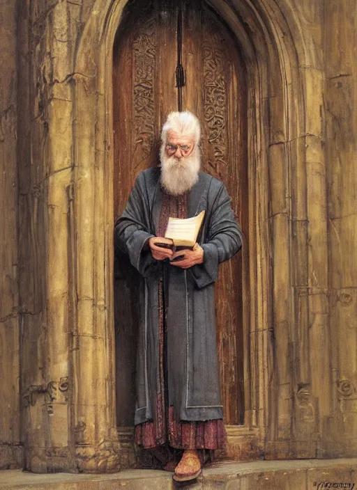 Prompt: a beautiful painting of an old wizard holding a magical book and standing in front of an ancient elaborate door, by james gurney and greg rutkowski and alma tadema