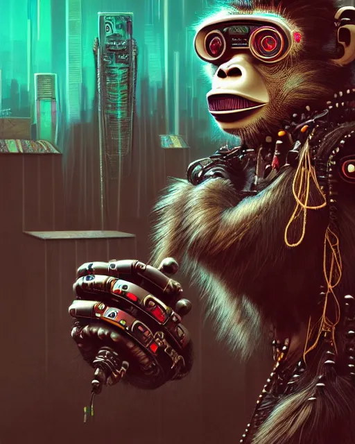 Prompt: a portrait of an anthropomorphic cyberpunk monkey in the style of north coast nooka indian tribe, detailed render, epic composition, cybernetics, 4 k realistic, tape deck, cryengine, drums, cymbal, bass drum, realistic shaded lighting, sharp focus, masterpiece, by enki bilal