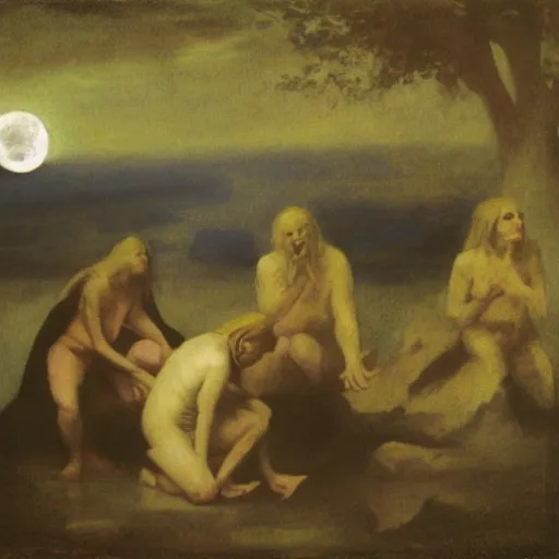 Prompt: witches gather around a moon shaped pool, by Odd Nerdrum, by Francisco Goya, oil on canvas, beautiful, eerie, surreal, colorful