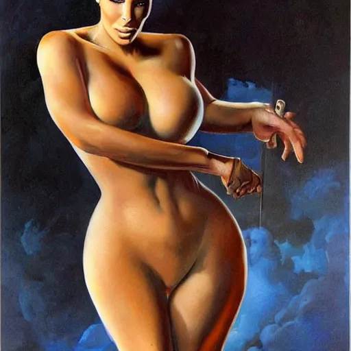 Image similar to epic portrait of kim kardashian by frank frazetta and boris vallejo