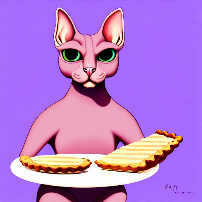 Image similar to an anthropomorphic sphynx cat fursona with big eyes eating a slice of blueberry pie, furry art, cute, oil on canvas, soft lighting