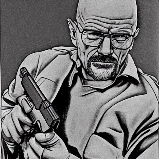 Prompt: Walter White pointing a gun at center, accurate anatomy, highly detailed