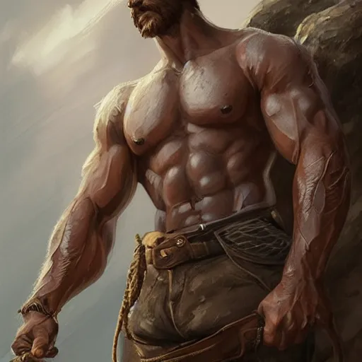 Image similar to portrait of a rugged ranger, muscular, upper body, hairy torso, detailed detailed detailed hands hands hands hands, D&D, fantasy, bare bare bare bare thighs thighs thighs intricate, elegant, highly detailed, digital painting, artstation, concept art, smooth, sharp focus, illustration, art by wlop