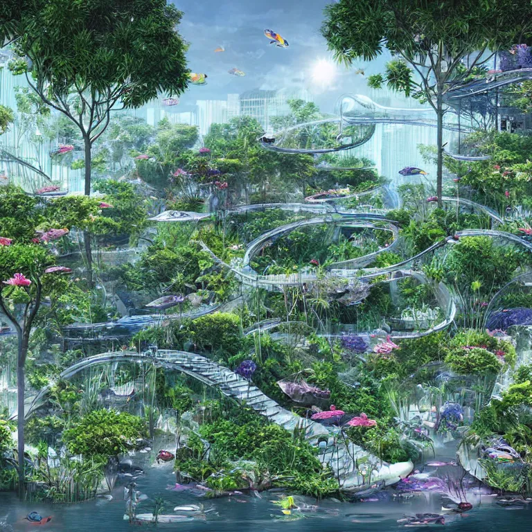 Prompt: Beautiful city of the future, overgrown with trees and plants. An aquarium. Beautiful artistic digital artwork by artist Lurid. (2022)