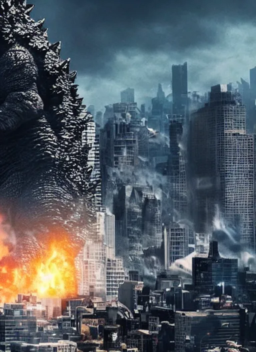 Image similar to godzilla eating a sandwich made of buildings, realistic, still shot from the new godzilla movie