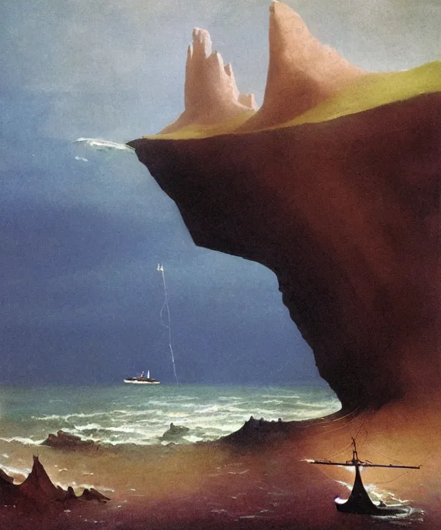 Prompt: photorealistic painting of a 1 9 2 5 seiner sailing near a tropical cliff with the mouth of a sea cave at the waterline, dark, brooding, atmospheric, lovecraft, horror, smooth, epic, highly detailed, cinematic, by angus mcbride