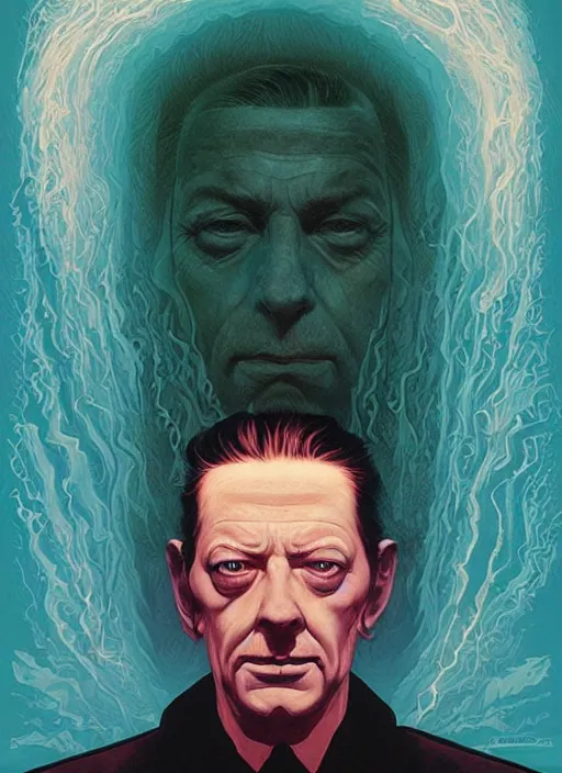 Image similar to poster artwork by Michael Whelan and Tomer Hanuka, Karol Bak of Alan Watts, from scene from Twin Peaks, clean