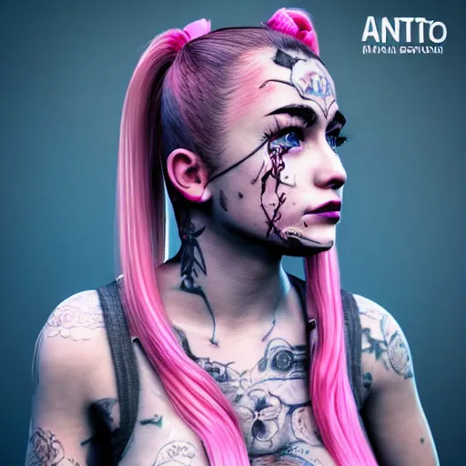 Image similar to An octane 3d render of a girl with pink pigtails, and face tattoos, 8d, HD, hyper detailed, intricate details, photorealistic, dynamic lighting, stunning visuals, creative, trending on art station,