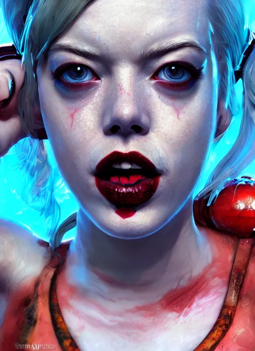 Image similar to underwater biopunk portrait of emma stone as harley quinn, au naturel, hyper detailed, digital art, trending in artstation, cinematic lighting, studio quality, smooth render, unreal engine 5 rendered, octane rendered, art style by klimt and nixeu and ian sprigger and wlop and krenz cushart.