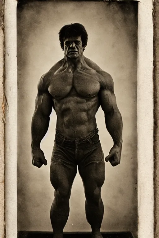 Prompt: the incredible hulk, portrait, full body, symmetrical features, silver iodide, 1 8 8 0 photograph, sepia tone, aged paper, master prime lenses, cinematic