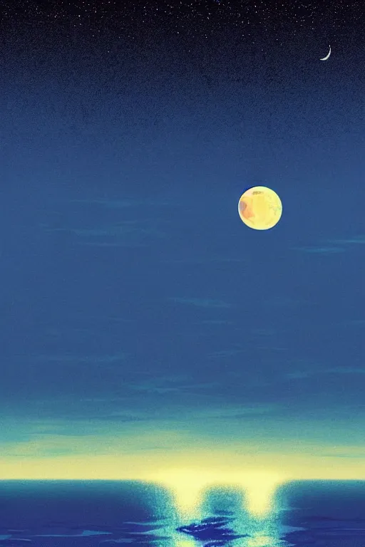 Prompt: crescent moon, ocean, night sky with stars, scenery wallpaper aesthetic, beautiful, cinematic, dramatic, super detailed and intricate, hyper realistic, 4 k render, by darwyn cooke, by kentaro miura, by koson ohara, by hasui kawase, by wayne thiebaud