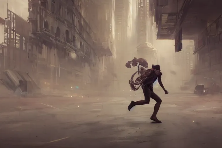 Prompt: a man running in panic through a ghost city by a huge insect, made by stanley artgerm lau, wlop, rossdraws, artstation, cgsociety, concept art, cgsociety, octane render, trending on artstation, artstationhd, artstationhq, unreal engine, 4 k, 8 k,