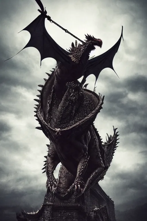 Image similar to a crossfitter riding a very large Dragon from Game of Thrones above city of Bordeaux, in the style of Game of Throne 8th season very matte colors, mysterious and misty and Dark