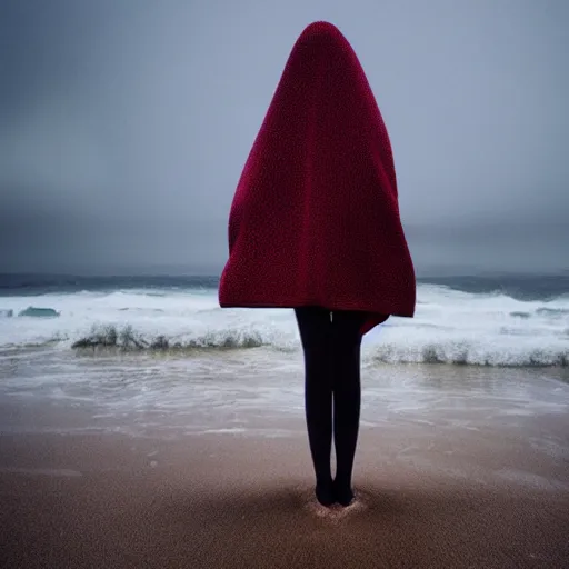 Prompt: glitch girl and very very tall monster wrapped in a blanket looks into the distance on the beach, in the rain, style of Hiroshi Sugimoto ,atmospheric,--ar 16:9