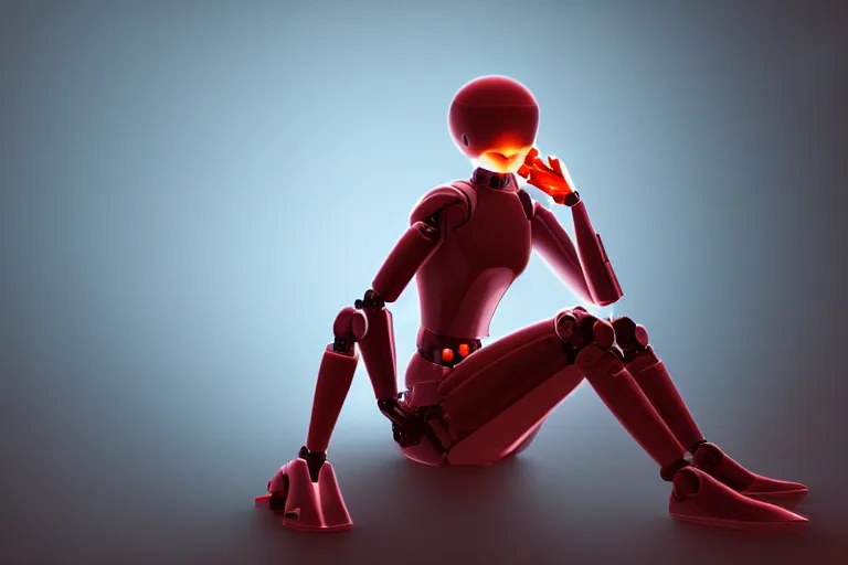 Image similar to a cute robot girl sitting on a bug relaxing, misty, digital art, hazy, foggy, red lighting, ambient lighting, 8 k,