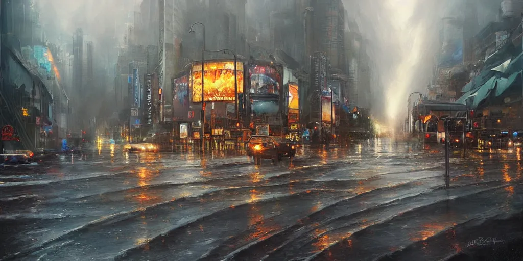 Image similar to hollywood boulevard hit by a biblical flood during a storm, dramatic lighting, beautiful, stunning landscape artwork by artgerm, rutkowski, wlop highly detailed, photorealistic