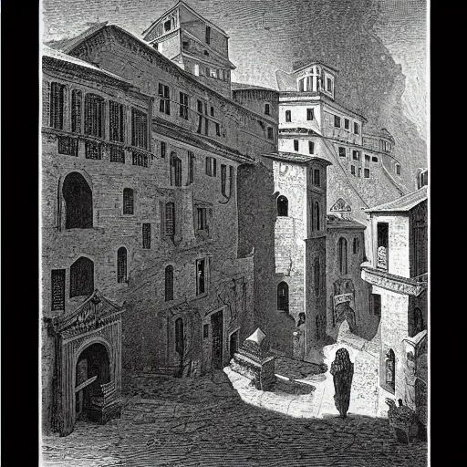 Prompt: medieval italian town, gustave dore lithography