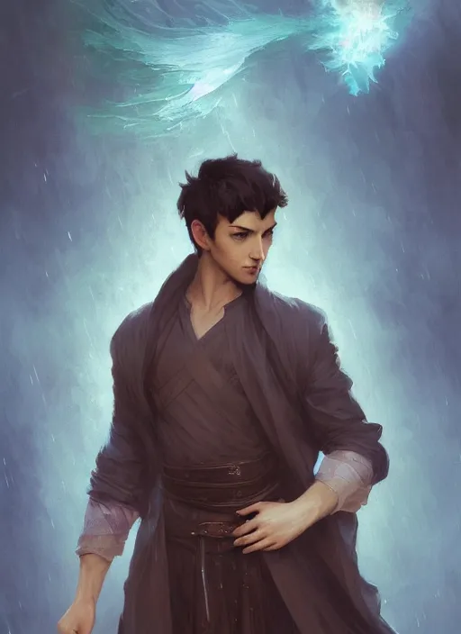 Image similar to character concept portrait of an attractive young focused Spanish wizard with pale teal skin enchanting a rain spell, a floating iridescent spell book in the center, intricate, elegant, digital painting, concept art, smooth, sharp focus, illustration, from Metal Gear, by Ruan Jia and Mandy Jurgens and William-Adolphe Bouguereau, Artgerm