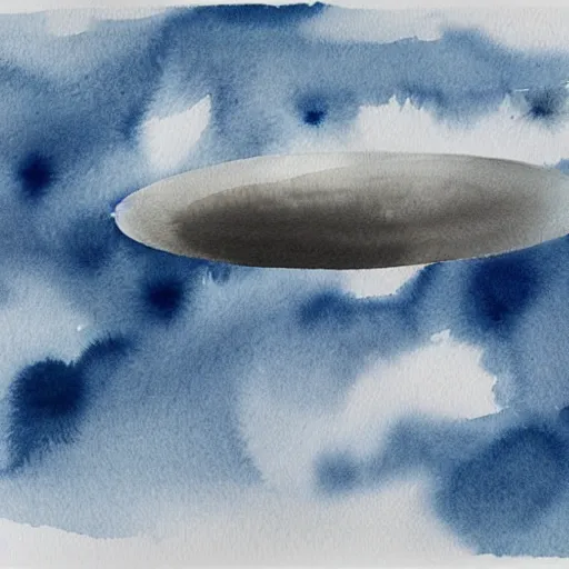 Image similar to high - angle view, from 1 0 0 0 feet in distance, vague uap interstellar vehicle on top of dramatic moody clouds in the sky, muted ink and pearlescent paint. watercolor. minimalist, detailed, muted colors. ue 5