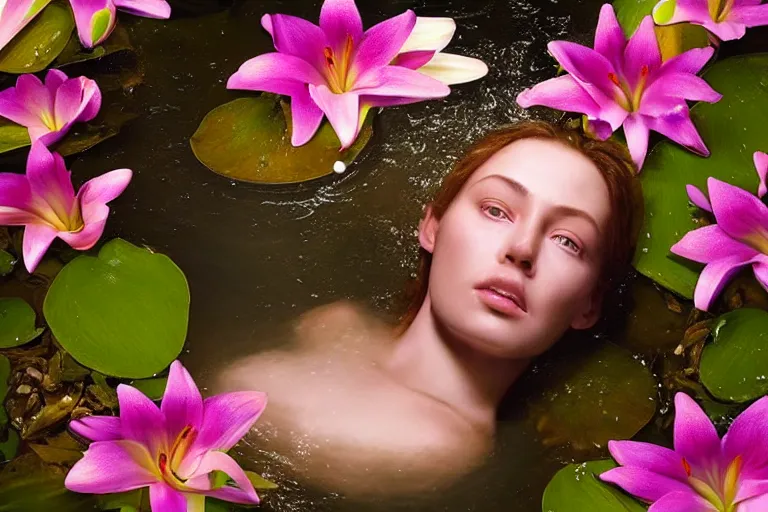 Prompt: hyperrealistic cinematic 3 d close up portrait of a woman's head and shoulders floating in a pond, detailed facial features, surrounded by a forrest of lillies, deep focus, intricate, elegant, by bill henson and gregory crewdson and james jean