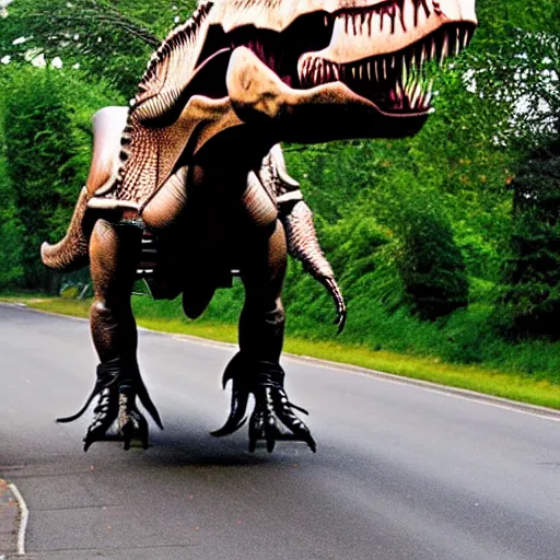 Image similar to a man riding a t-rex, photo