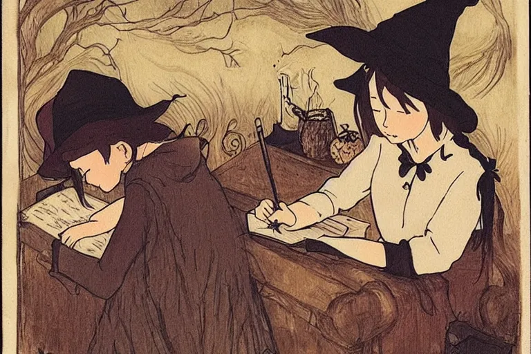 Image similar to a young witch writing in her spellbook halloween, over the shoulder angle, studio ghibli, warm, earthy tones, lit by candlelight, mucha