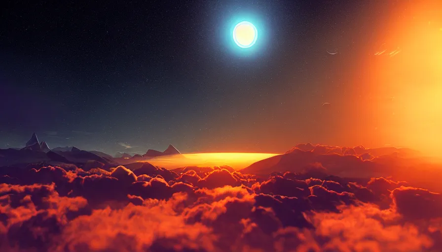 Image similar to no man's sky, sun shield in front of sun, cinematic, digital art